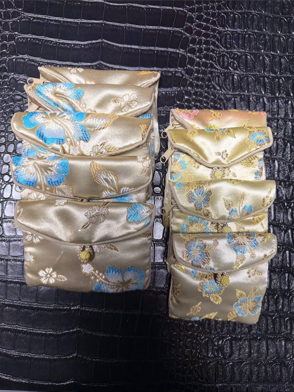Honora Gold Satin Floral Embroidered Fold-Over with Blue Accents Jewelry Pouch
